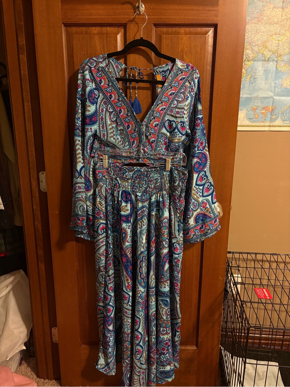 Boho V-Neck Paisley Maxi 2-Piece Set - Blue and Pink